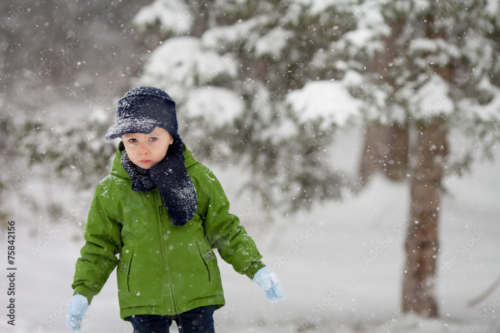 Adorable little boy, blowing snowflakes outside in a snowy day Adorable little boy, blowing snowflakes outside in a snowy day