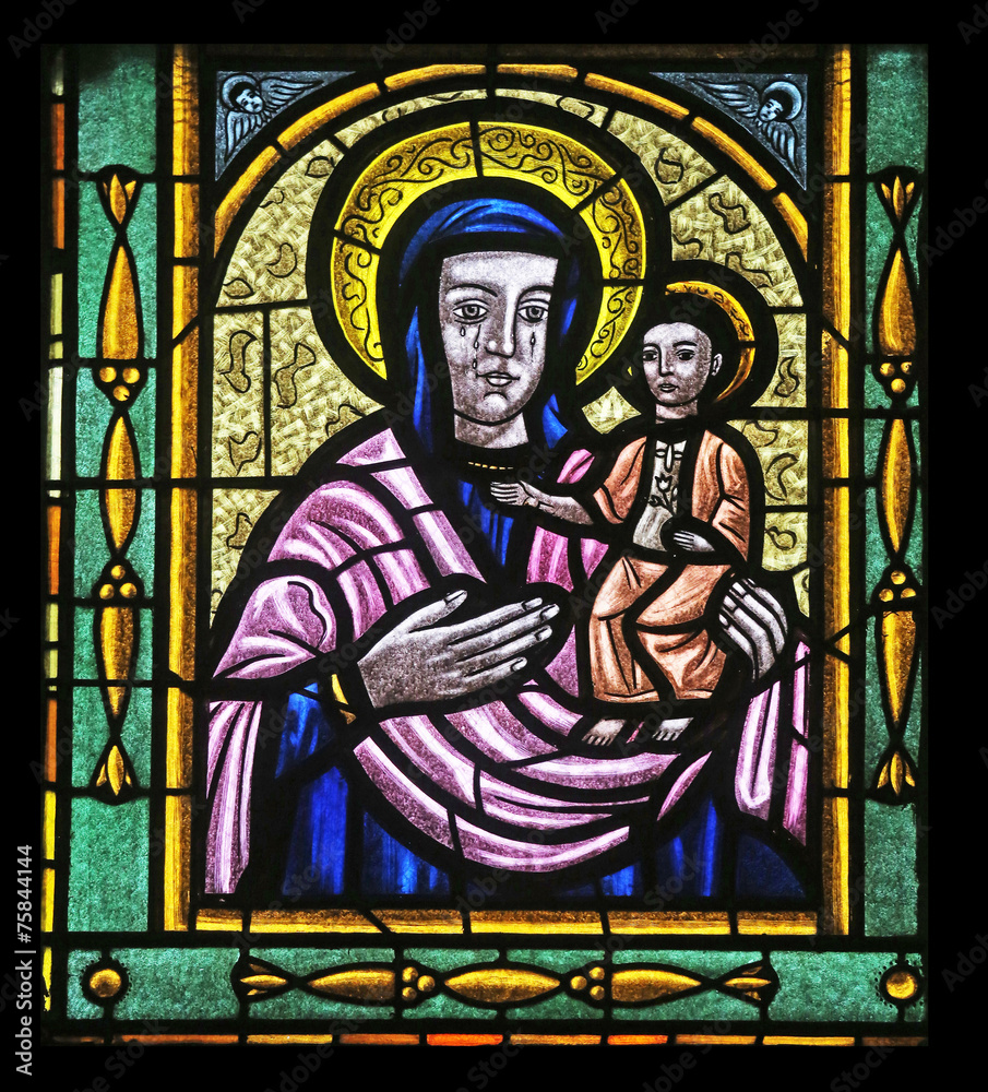 Mary with baby Jesus, Stained glass in Votiv Kirche in Vienna