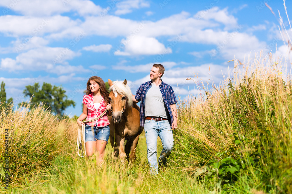 Paar führt Pferd durch Wiese im Sommer Paar führt Pferd durch Wiese im Sommer
