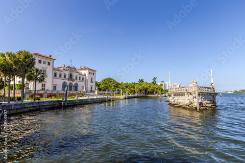 Stone breakwater barge and Magnificent Mansion,Vizcaya on Biscay