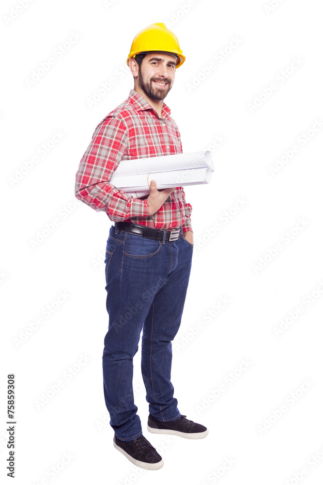 Full body portrait of young architect holding blueprints on whit Full body portrait of young architect holding blueprints on whit