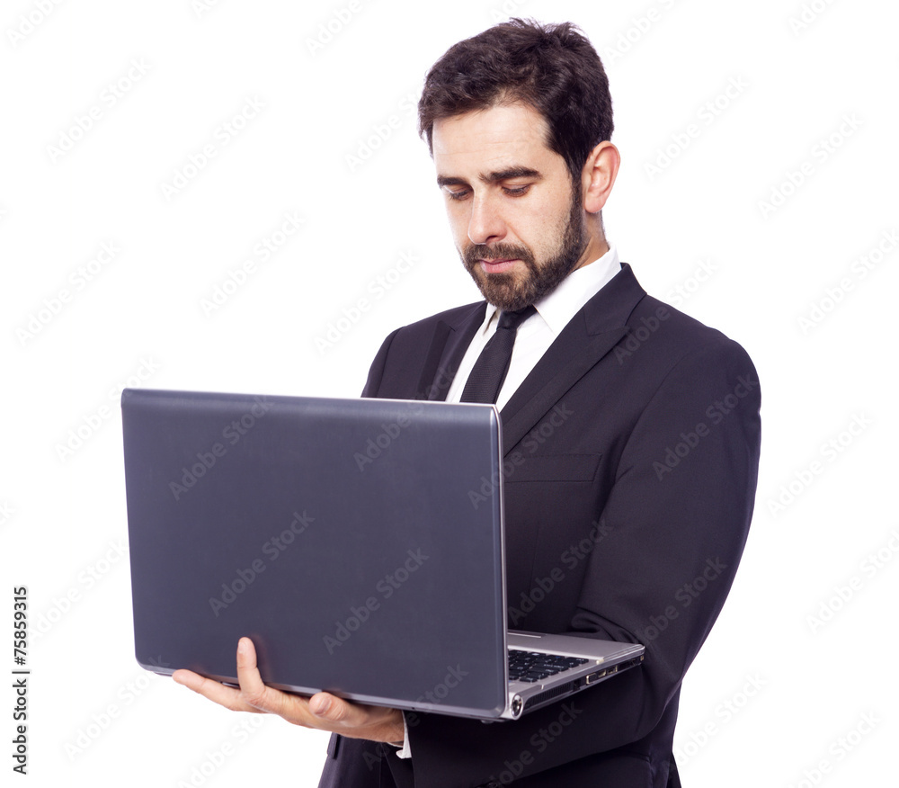 Business man holding a laptop computer, isolated on a white back Business man holding a laptop computer, isolated on a white back
