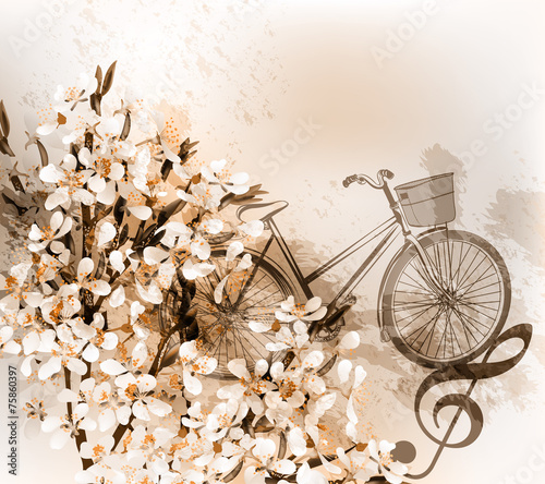 Floral retro background with flowers, bike and treble clef