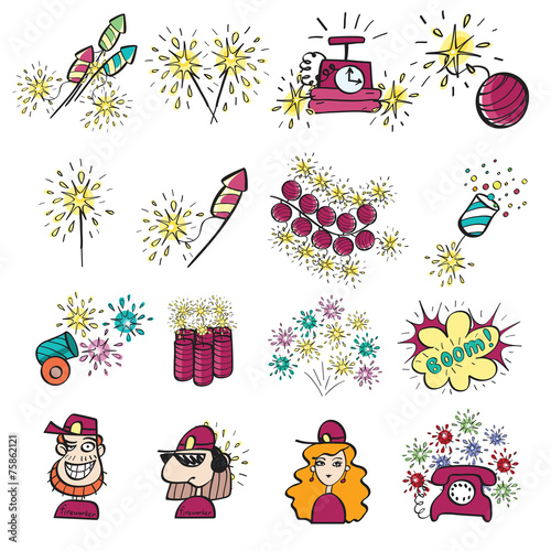 Pyrotechnic doodle icons set