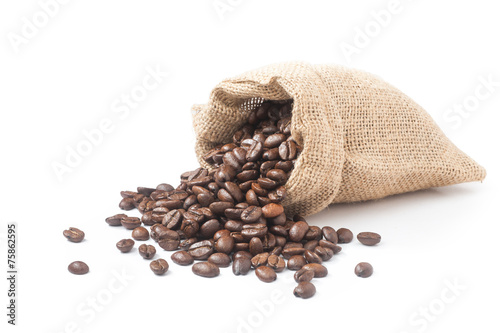 Coffee beans pouring out from the burlap sack