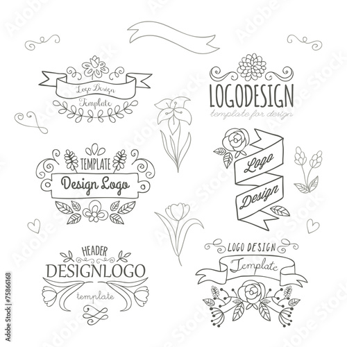 Set of logo design hand drawing elements with flowers and banner