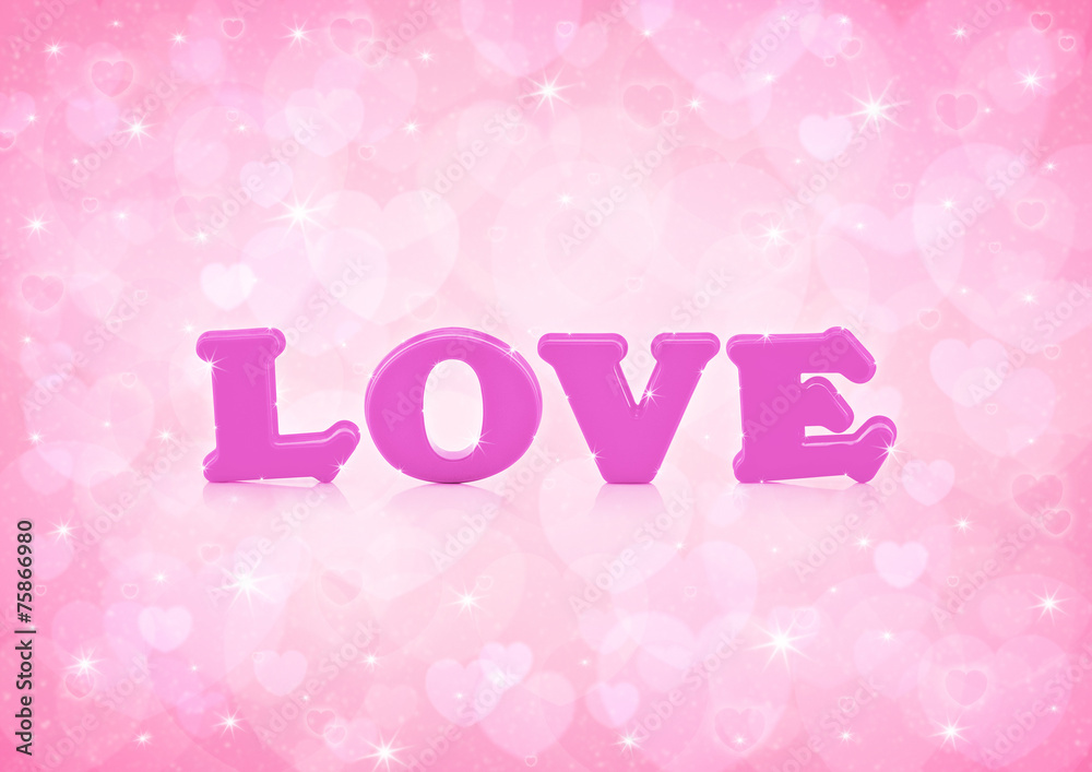 Love word on light pink heart bokeh background