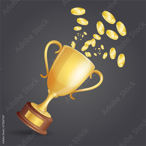 Vector golden winner cup and coins on dark