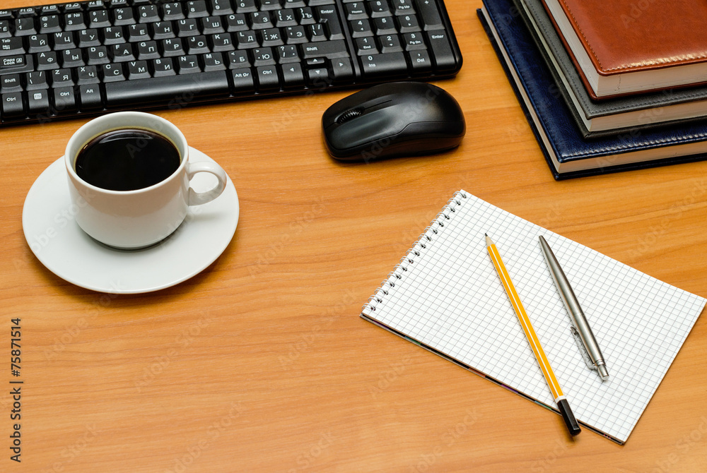 keyboard, cup of coffee and office supplies keyboard, cup of coffee and office supplies