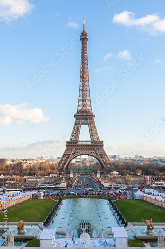 Eiffel Tower at dusk from Trocadero in Paris, France. © norbel