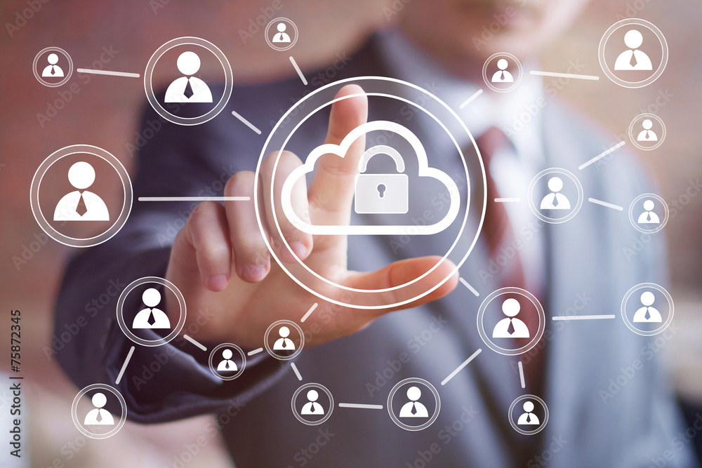 Businessman icon pushing web button cloud lock Businessman icon pushing web button cloud lock