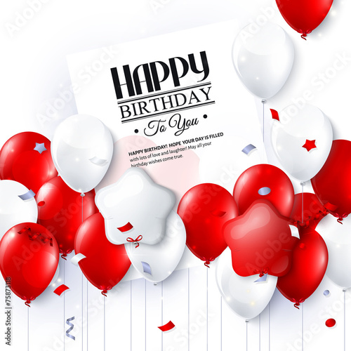 Vector birthday card with balloons and confetti.