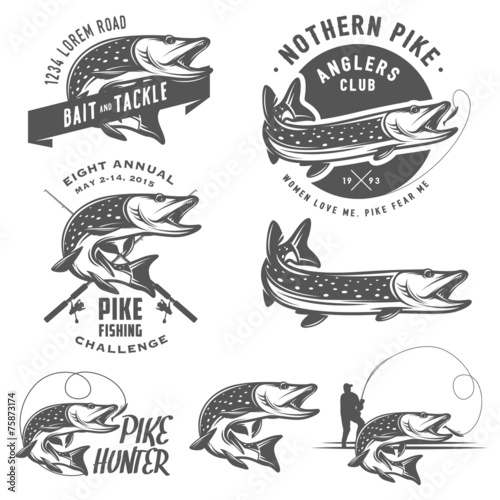 Vintage pike fishing emblems, labels and design elements