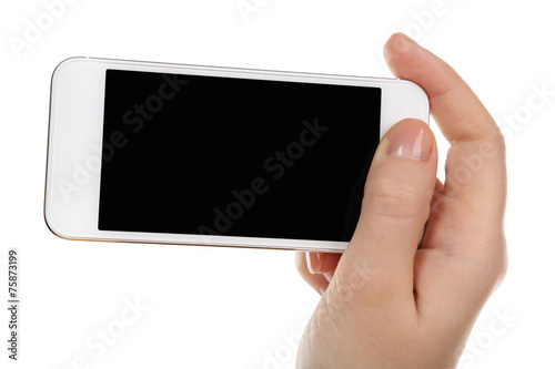 Hand holding mobile smart phone isolated on white