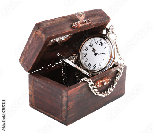 Silver pocket clock in wooden box isolated on white