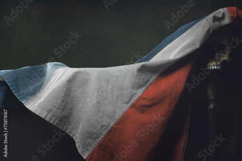 Leinwand Poster Vanitas of the french Flag with human Skull