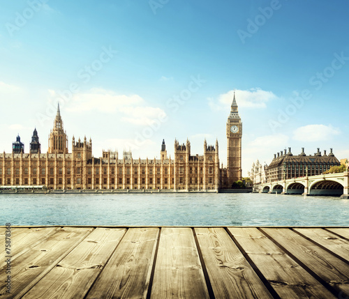 Big Ben in London and wooden platform