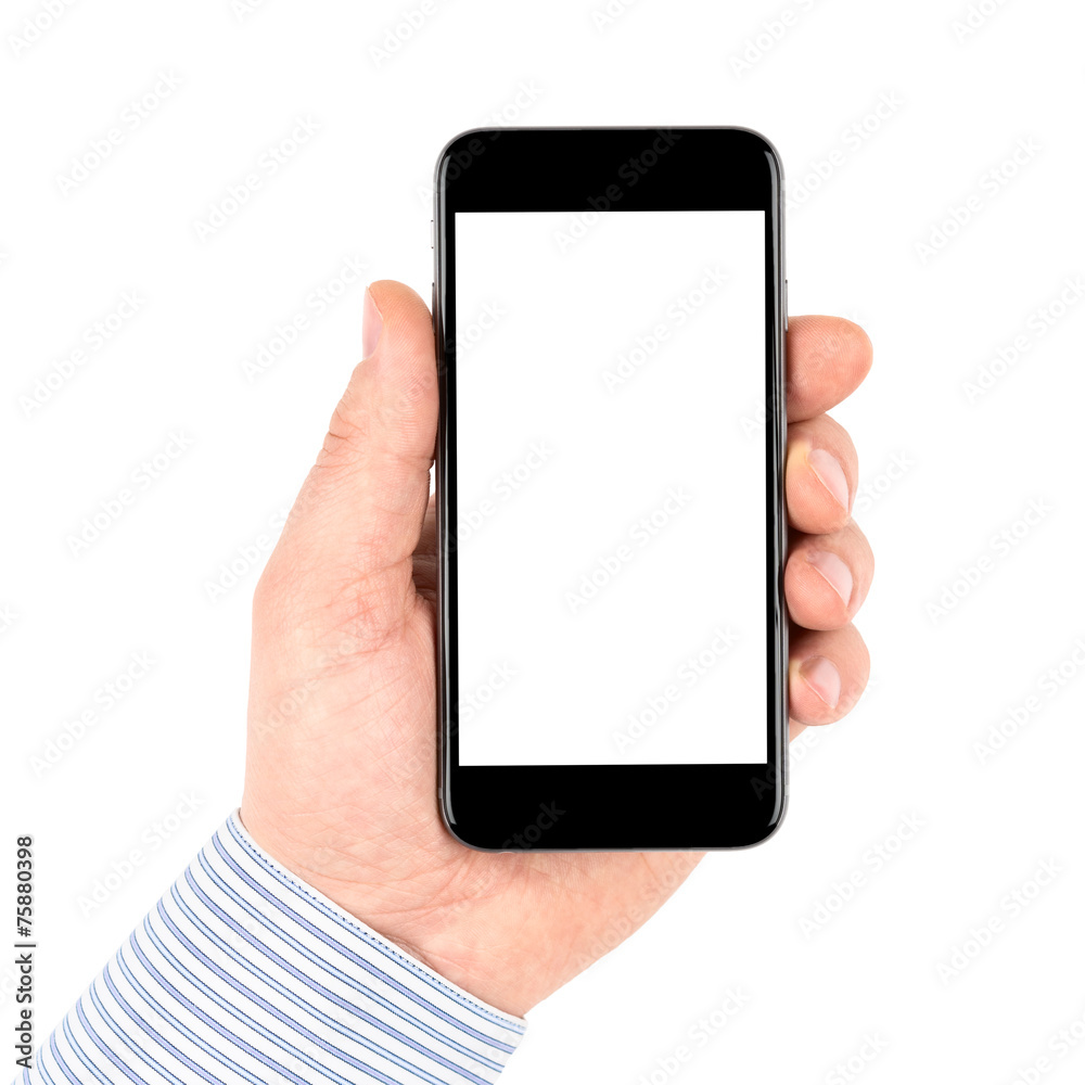 Hand holding smartphone with blank screen