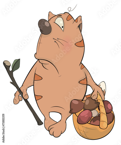 A tabby cat a mushroom picker cartoon