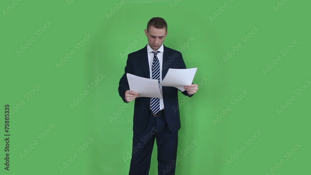 business man watching documents green screen business man watching documents green screen