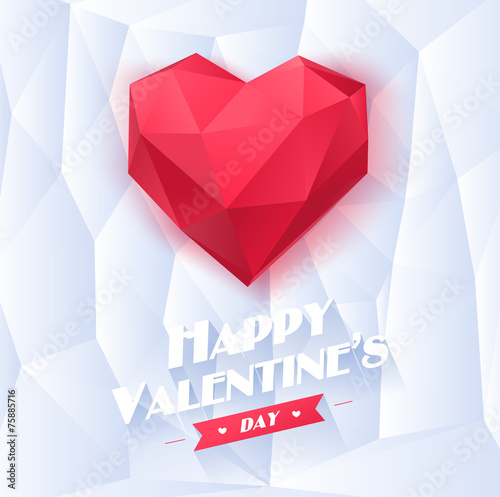 Red origami heart on white background with shadow. Low-poly