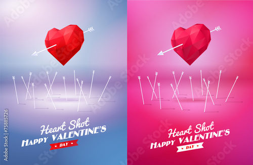 Heart shot. Two red origami heart  pierced by an arrow. Vector