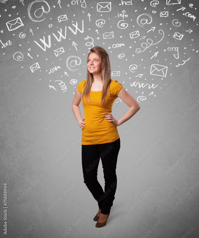 Pretty young girl with abstract white media icon doodles Pretty young girl with abstract white media icon doodles