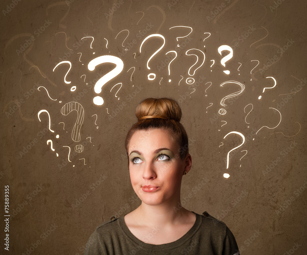 girl with question mark symbols around her head girl with question mark symbols around her head