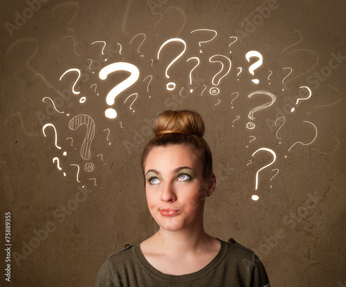 girl with question mark symbols around her head