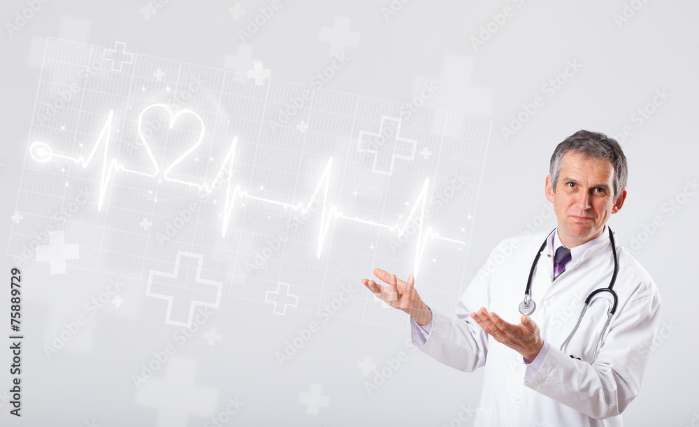 Doctor examinates heartbeat with abstract heart Doctor examinates heartbeat with abstract heart