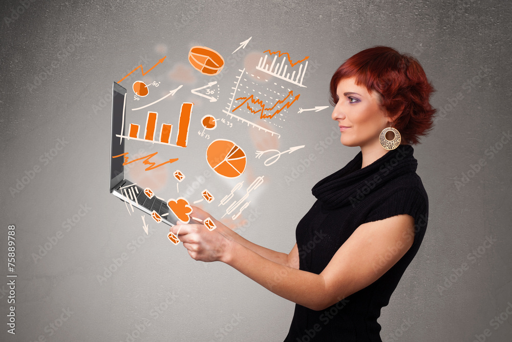 Beautiful lady holding notebook with graphs and statistics Beautiful lady holding notebook with graphs and statistics