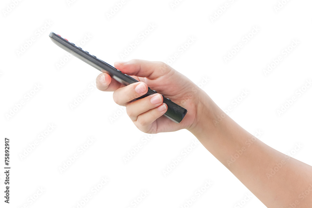Hand with remote control on white Hand with remote control on white