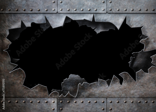 hole in metal armor steam punk background photo