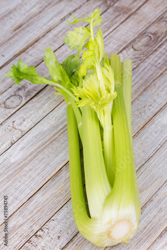 Organic vegetables - celery with leaves on wooden background
