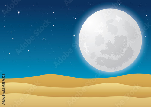 Fototapeta Naklejka Na Ścianę i Meble -  Beautiful desert at night with full moon