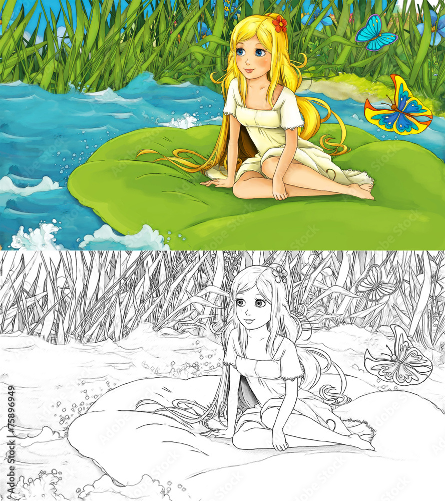 Cartoon fairy tale scene - coloring page - illustration