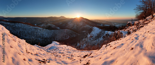 Panoramic view with man in winter mountain