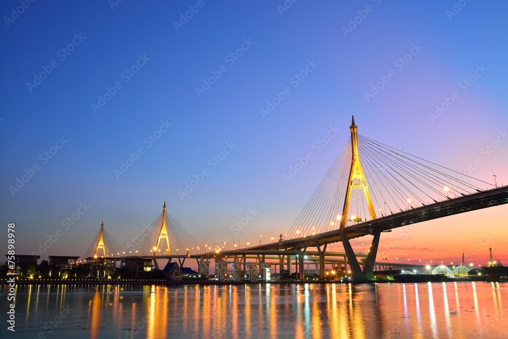 Bhumibol Mega Bridge (Industrial Ring Mega Bridge) at night, Ban