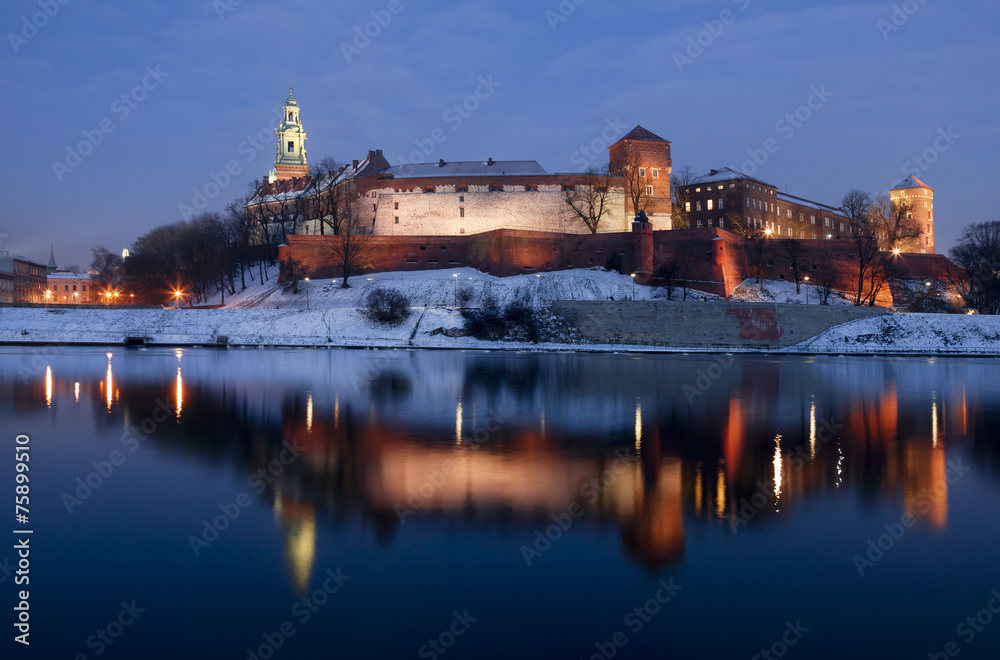 Wawel Royal Castle in Krakow at night, Poland