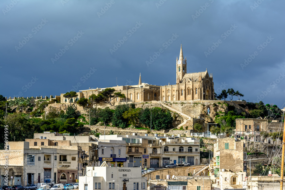 Mgarr village with Lourdes Church, Gozo, Malta