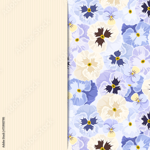 Card with blue pansy flowers. Vector eps-10.