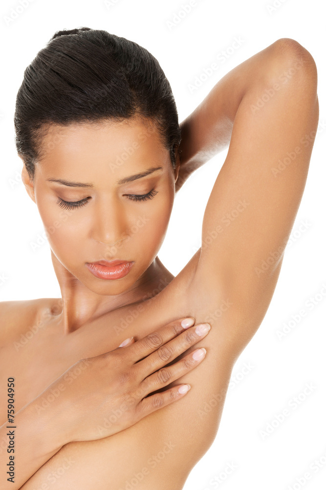 Close up on beauty woman touching her armpit Close up on beauty woman touching her armpit