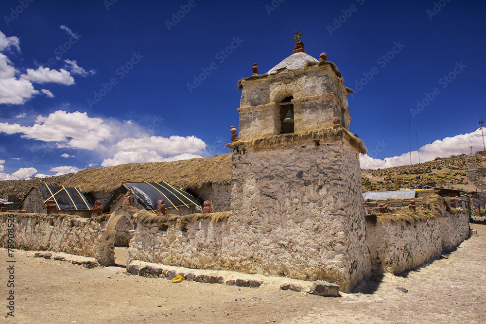 Beautiful Parinacota village church exterior circa Putre, Chile.