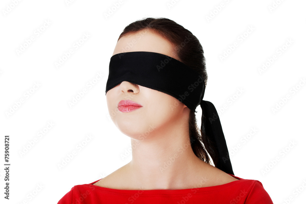 Young Woman With Blindfolds On Eyes Stretching Stock Photo