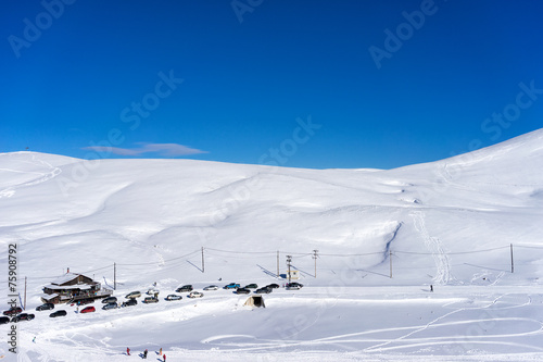 Aerial View of skiers at Ski Resort Falakro, in Greece.