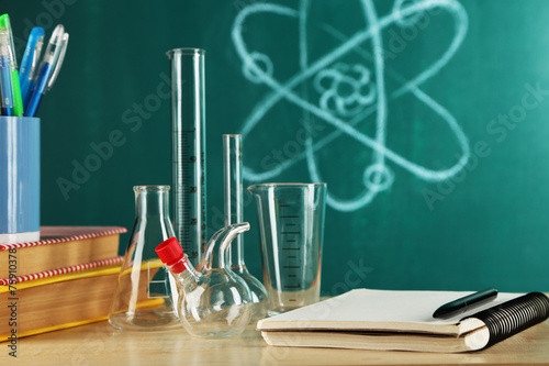 Desk in chemistry class with test tubes