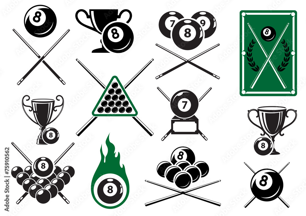 Billiard, pool and snooker sports emblems - obrazy, fototapety, plakaty 