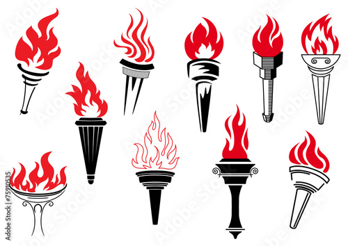 Vintage torches with burning flames