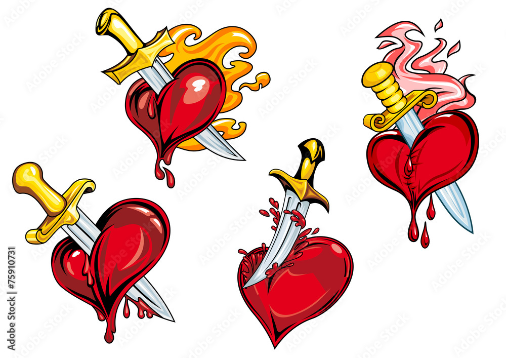 Bleeding hearts stabbed by daggers - obrazy, fototapety, plakaty 
