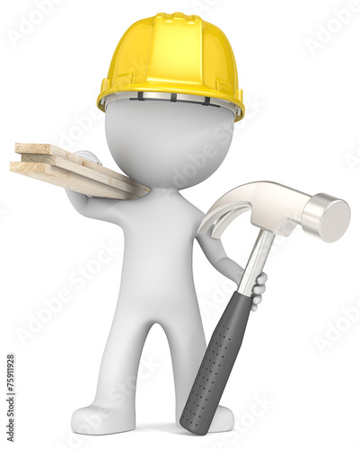 Fototapeta Naklejka Na Ścianę i Meble -  The Carpenter.Dude the Carpenter holding planks and hammer.